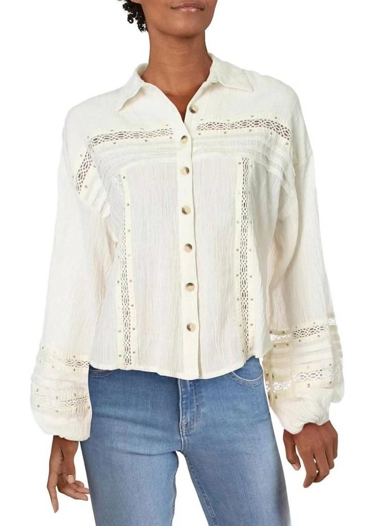 Free People Summer Stars Gauzy Ranch Western Boho Blouse Top, Ivory, Medium